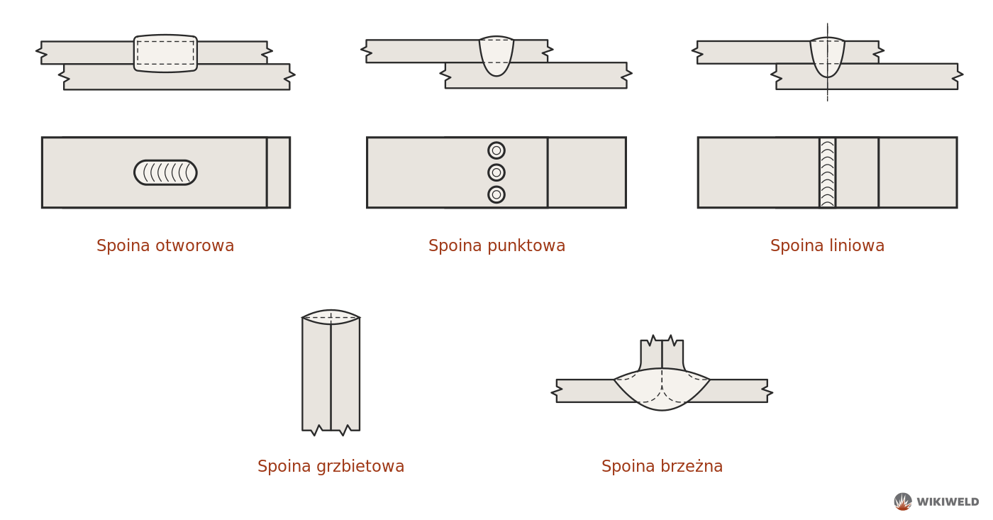 Spoina otworowa, punktowa, liniowa, grzbietowa i brzeżna – przekroje i widok z góry